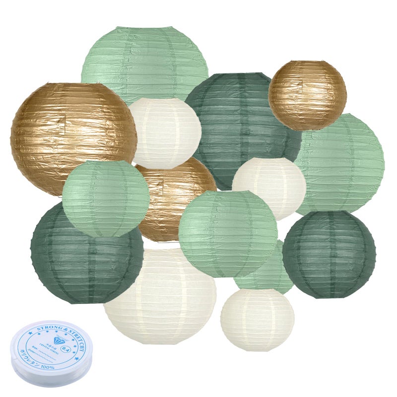 Paper Lanterns Decorative Round Paper Lanterns Decorations Sage GreenForest GreenGoldWhite for Rustic Party Birthday Party Bachelorette Engagement Wedding Baby Shower 15pcs