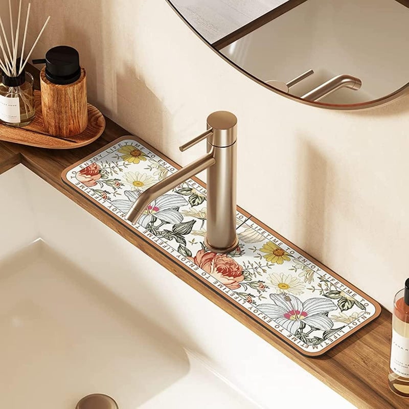 klarako Fantasy Style Draining Mat, Faucet Mat for Kitchen Sink, Draining Mat for Kitchen Counter,Vintage Soft Kitchen Sink Splash Guard, Water Absorbing Stone Tray for Sink (E) - Image 1
