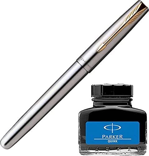 Parker Frontier Stainless Steel GT Fountain Pen + Quink Ink Bottle - Blue (30ML) - Image 4