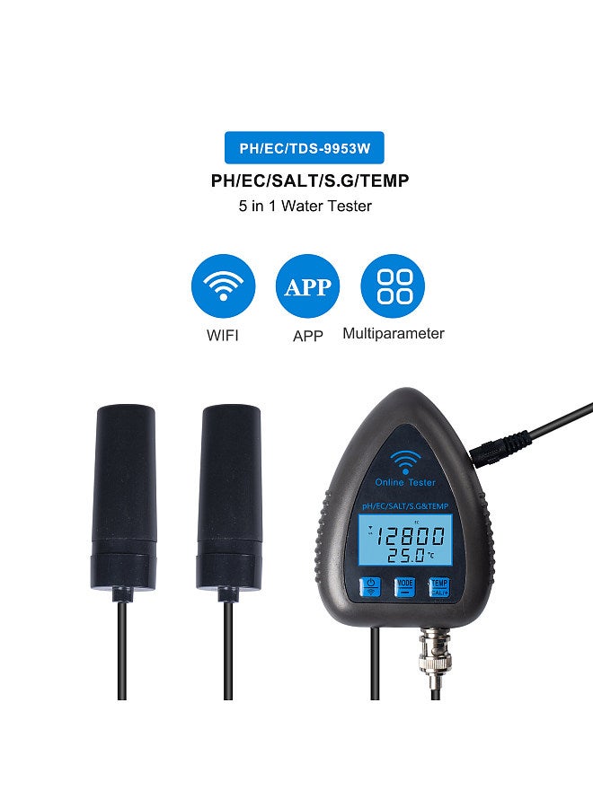Lepmerk 9953W Bluetooth Wifi Digital Water Quality Tester Mini 5 in 1 Water Analyzer PH / EC / SALT / S.G / Temperature APP Remote Monitoring Alarm Notification for Drinking Water Aquarium Hydroponics Lab  - Image 5