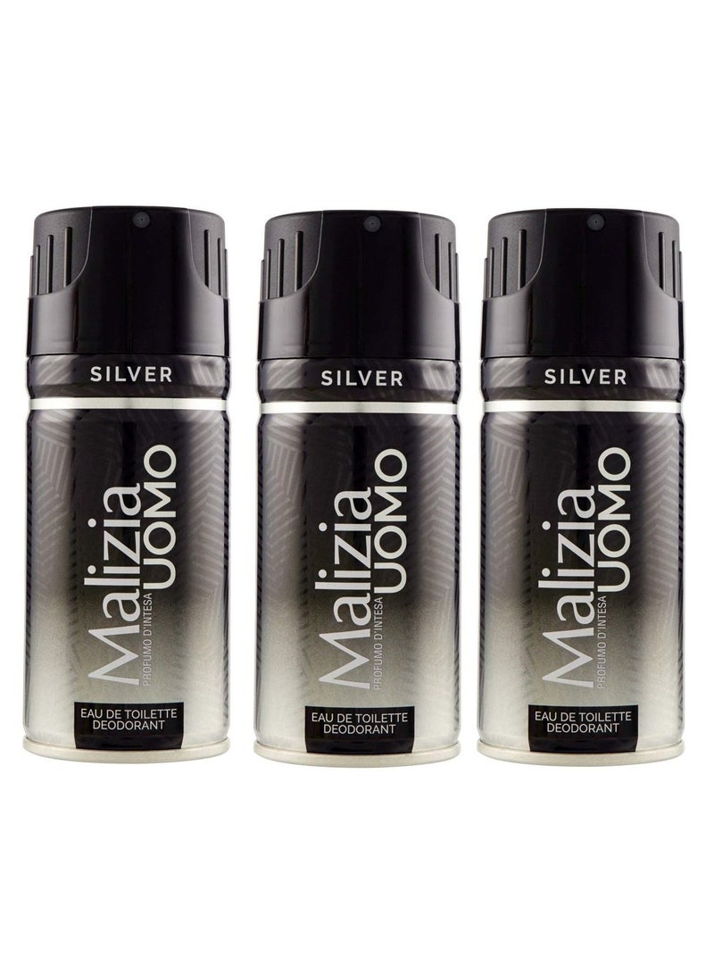 Malizia Uomo Deo Silver Body Spray 150ml (Pack of 3) - Image 1