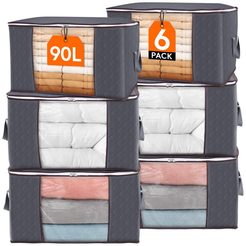 Lifewit Clothes Storage Organizer with Reinforced Handle & Clear Window (Pack of 6 ,90L, Grey) - Image 1