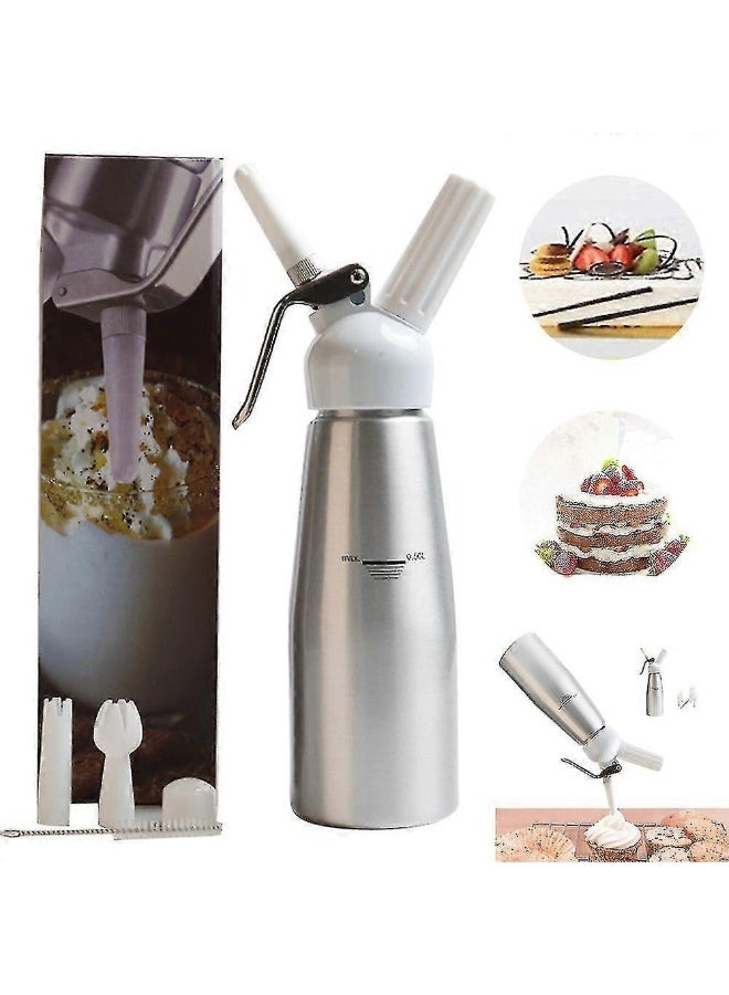 Professional Whipped Cream Dispenser 500ml, Stainless Steel Maker for Desserts & Coffee Foam, Includes 3 Decorating Nozzles & Cleaning Brush - Silver - Image 1