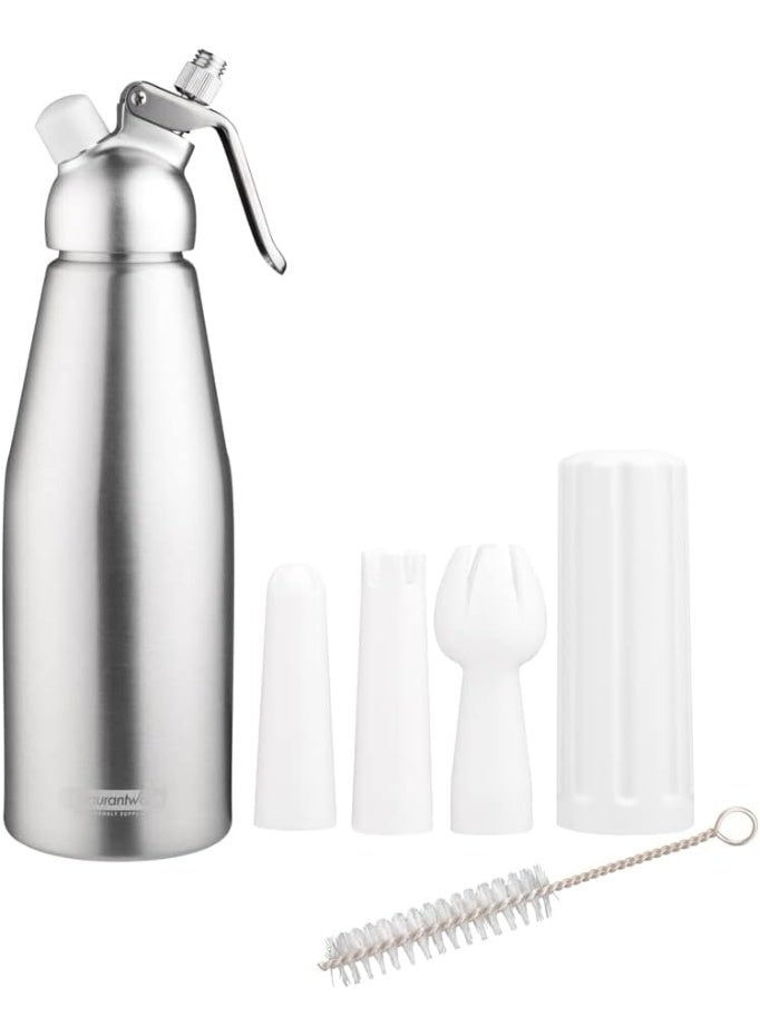 Professional Whipped Cream Dispenser 500ml, Stainless Steel Maker for Desserts & Coffee Foam, Includes 3 Decorating Nozzles & Cleaning Brush - Silver - Image 2