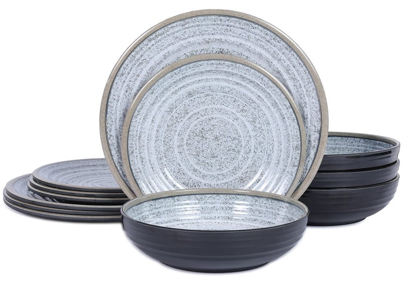 Melamine Dinnerware Sets 12 PCS Service for 4 Plates Bowls Sets Dishwasher TopShelf Safe BPA Free Dinner Dishes Set for Everyday UseGranite Pattern Black Back
