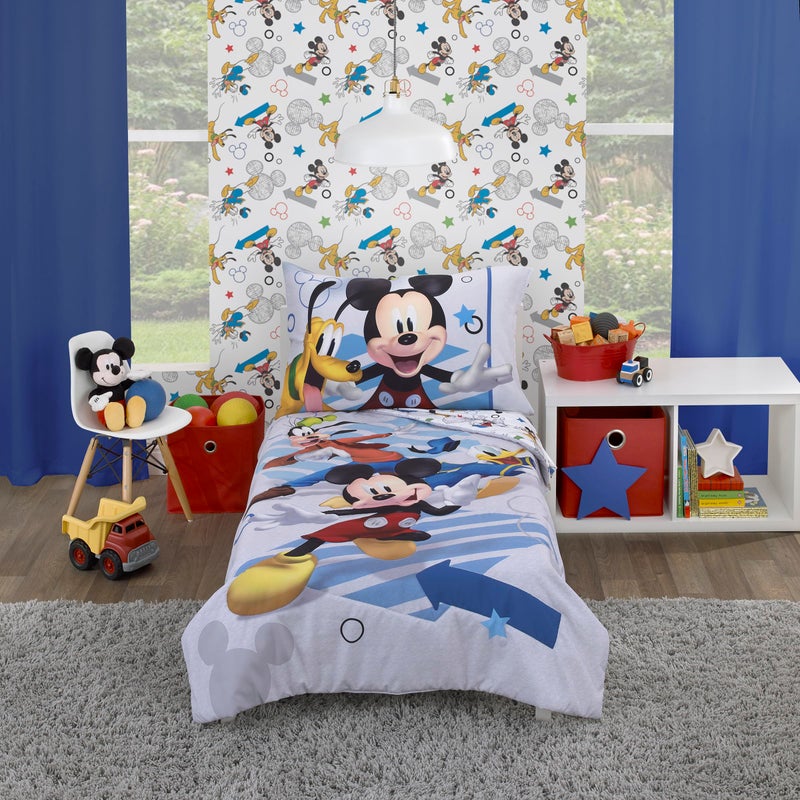 NoJo Disney Mickey Mouse Clubhouse Buddies Multi Colored Goofy Pluto and Donald Duck 4 Piece Toddler Bed Set Comforter Fitted Bottom Sheet Flat Top Sheet and Reversible Pillowcase