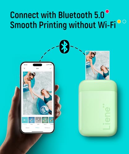 Liene Photo Printer, 2x3” Mini Portable Instant Photo Printer Bundle w/ 50 Zink Adhesive Paper, Bluetooth 5.0, Compatible w/iOS & Android, Small Color Mono Picture Printer for iPhone, Smartphone Green - Image 2
