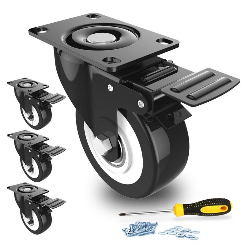 BOSNEY Bosney 2 Swivel Caster Wheels with Safety Dual Locking and Polyurethane Foam No Noise Wheels Heavy Duty 150 Lbs Per Caster Pack of 4