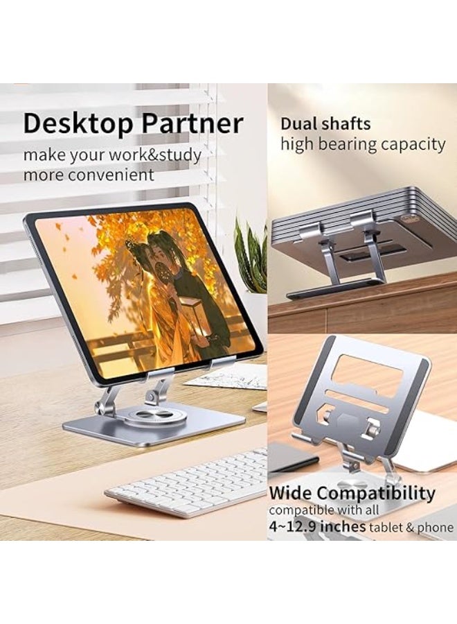 حامل التابلت والموبايل لسطح المكتب قابل للطي والدوران متعدد الزوايا بقضيب دعم مزدوج بارتفاع للتعديل من خليط معدني الألومنيوم ، - Image 5