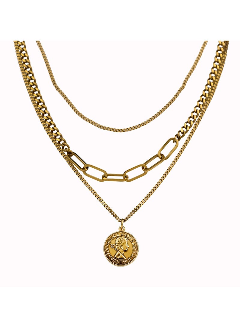 xozgdovg Retro three-layer double-faced portrait pendant 18k clavicle chain female I - Image 2