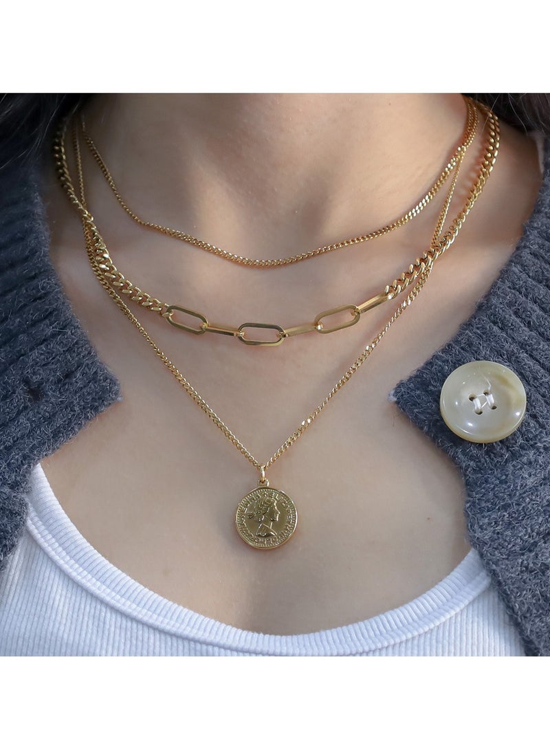 xozgdovg Retro three-layer double-faced portrait pendant 18k clavicle chain female I - Image 1