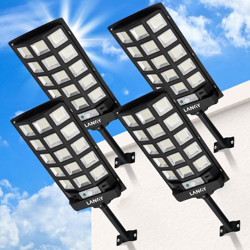 LANGY Solar Street Lights Outdoor 4 Pack, 6500K Solar Lights Outdoor Dusk to Dawn with Motion Sensor & Remote Control, IP66 Waterproof LED Flood Security Lights for Outside Garden Yard Parking Lot - Image 1