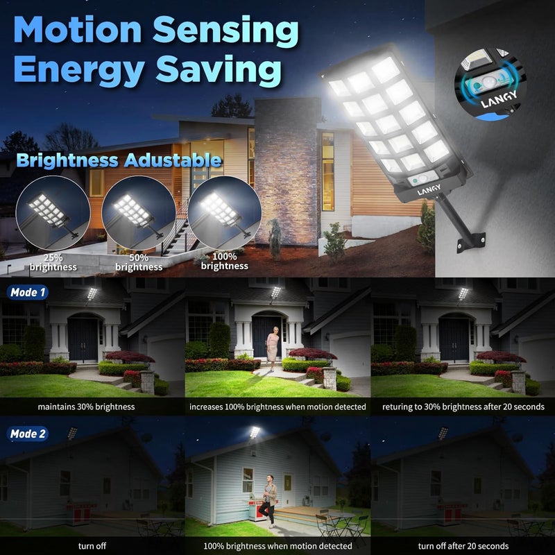 LANGY Solar Street Lights Outdoor 4 Pack, 6500K Solar Lights Outdoor Dusk to Dawn with Motion Sensor & Remote Control, IP66 Waterproof LED Flood Security Lights for Outside Garden Yard Parking Lot - Image 4