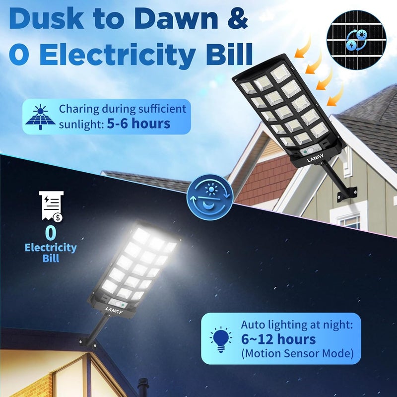 LANGY Solar Street Lights Outdoor 4 Pack, 6500K Solar Lights Outdoor Dusk to Dawn with Motion Sensor & Remote Control, IP66 Waterproof LED Flood Security Lights for Outside Garden Yard Parking Lot - Image 3