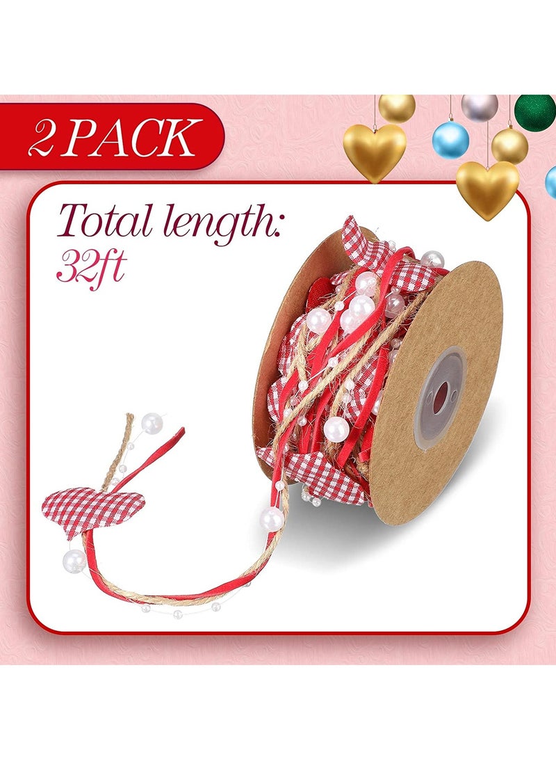 SYOSI 2 Rolls Valen tines Wired Ribbon Faux Wired Pearl Garland Heart Bead Valen tine Day Ribbon Heart Garland Wreath Artificial Bead Pearl Ribbon Wedding Party Decor 11 Yard - Image 4