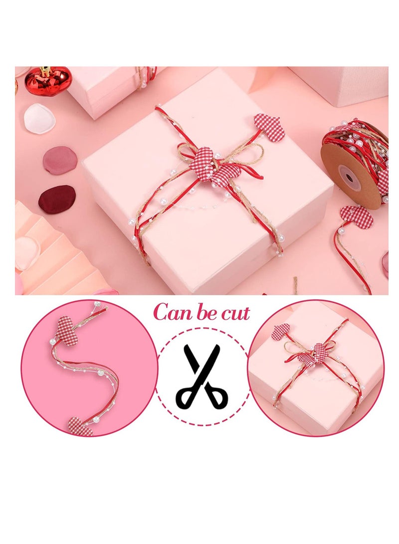 SYOSI 2 Rolls Valen tines Wired Ribbon Faux Wired Pearl Garland Heart Bead Valen tine Day Ribbon Heart Garland Wreath Artificial Bead Pearl Ribbon Wedding Party Decor 11 Yard - Image 2