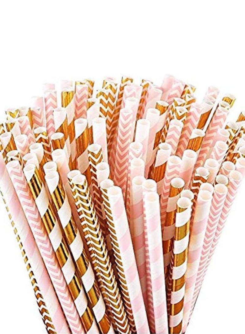 LIMOS 100 Pink Straws/Gold Straws For Party Supplies, Biodegradable Paper Straws, Birthday, Wedding, Bridal/Baby Shower Decorations And Holiday Celebrations. - Image 1