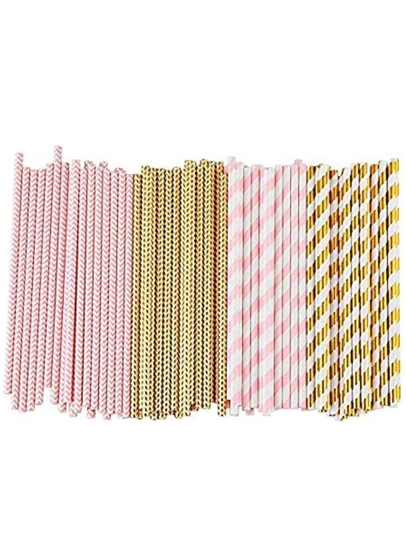 LIMOS 100 Pink Straws/Gold Straws For Party Supplies, Biodegradable Paper Straws, Birthday, Wedding, Bridal/Baby Shower Decorations And Holiday Celebrations. - Image 2