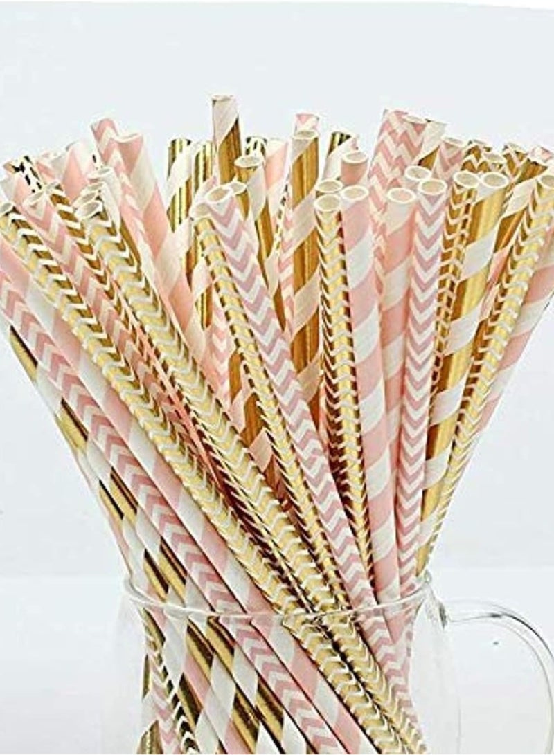 LIMOS 100 Pink Straws/Gold Straws For Party Supplies, Biodegradable Paper Straws, Birthday, Wedding, Bridal/Baby Shower Decorations And Holiday Celebrations. - Image 3
