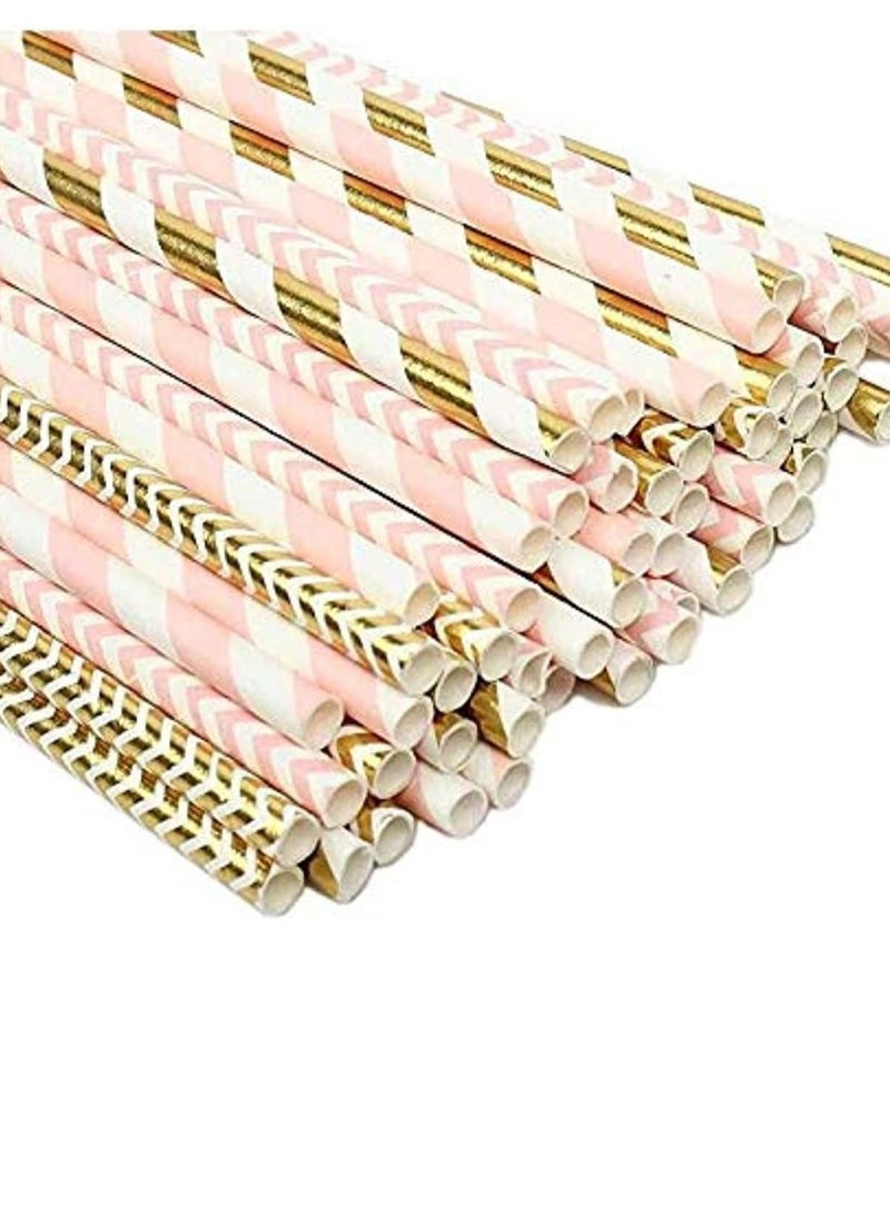 LIMOS 100 Pink Straws/Gold Straws For Party Supplies, Biodegradable Paper Straws, Birthday, Wedding, Bridal/Baby Shower Decorations And Holiday Celebrations. - Image 4
