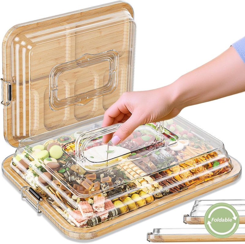 MAYELM Charcuterie Boards with Foldable Lid, Portable Bamboo Cheese Board with 6 Compartments, Clear Locking Lid and Handle, Easy to Store, Suitable for Picnics, Camping, Parties & Housewarming Gifts - Image 1