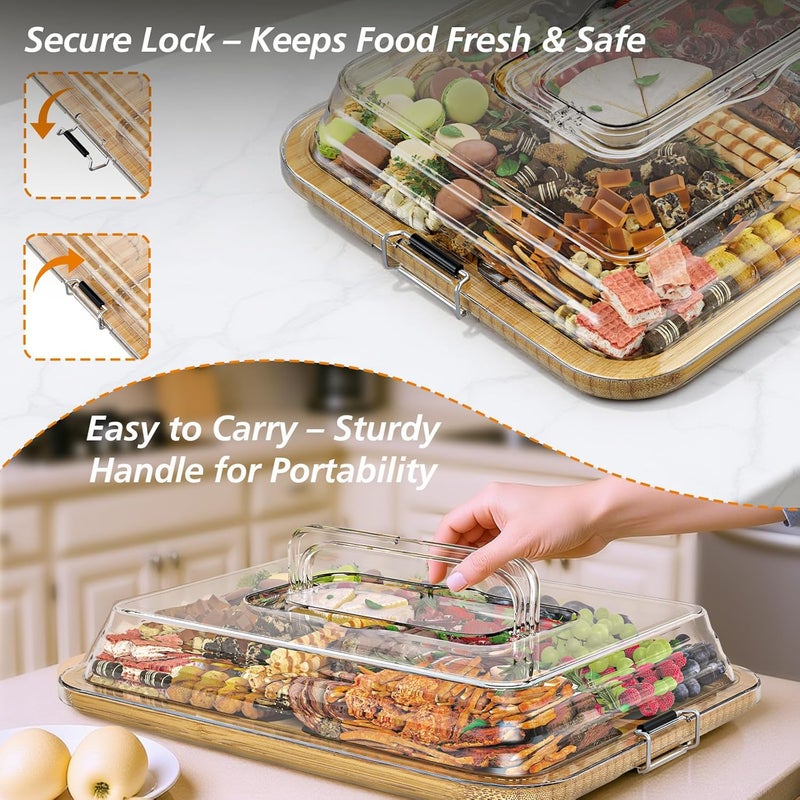 MAYELM Charcuterie Boards with Foldable Lid, Portable Bamboo Cheese Board with 6 Compartments, Clear Locking Lid and Handle, Easy to Store, Suitable for Picnics, Camping, Parties & Housewarming Gifts - Image 2