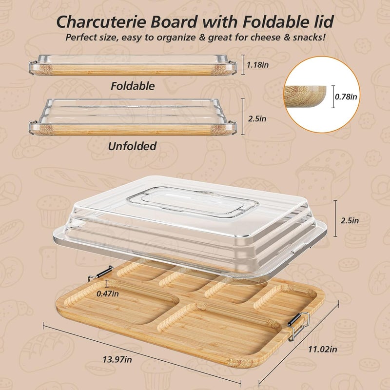 MAYELM Charcuterie Boards with Foldable Lid, Portable Bamboo Cheese Board with 6 Compartments, Clear Locking Lid and Handle, Easy to Store, Suitable for Picnics, Camping, Parties & Housewarming Gifts - Image 4