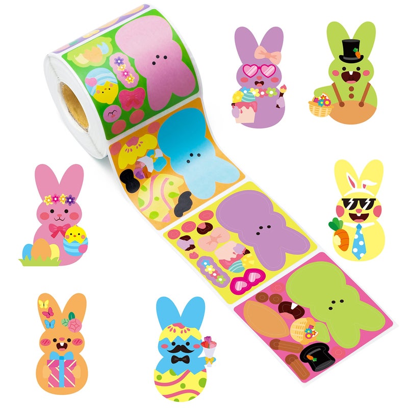 Haooryx Easter Bunny DIY Stickers - 300PCS Make A Face Bunny Animal Sticker Roll Make Your Own Rabbit Vinyl Waterproof Self Adhesive Water Bottle Laptop Skateboard Travel Case Scrapbook Journal Supply - Image 1