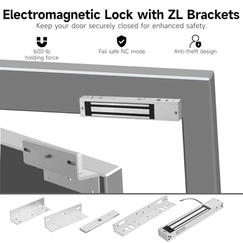 Lnrueg Electromagnetic Lock with ZL Brackets, Waterproof Electric Magnetic Door Lock with 600lbs Holding Force for Inswinging Door, 12VDC Fail Safe Gate Lock for Access Control System, (no) - Image 2