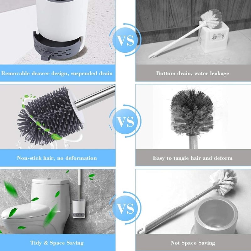 Noridy Pack of 2 Silicone Toilet Brush with Holder Stand, Quick Drying Toilet Bowl Cleaner Brush and Stand, Pot Commode Bathroom Tile Cleaning Scrubber Brushes - Image 4