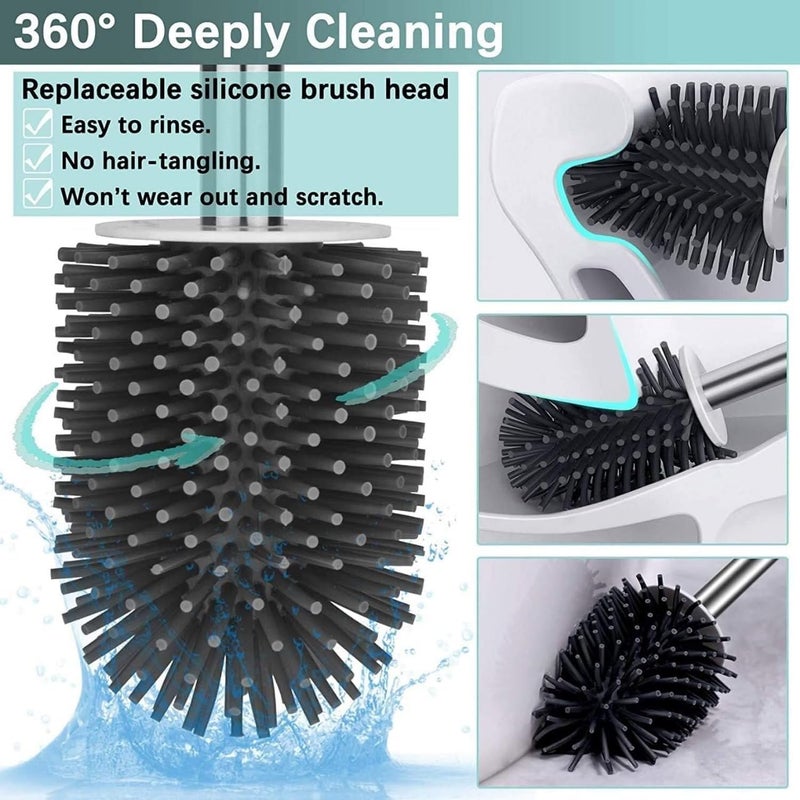 Noridy Pack of 2 Silicone Toilet Brush with Holder Stand, Quick Drying Toilet Bowl Cleaner Brush and Stand, Pot Commode Bathroom Tile Cleaning Scrubber Brushes - Image 2
