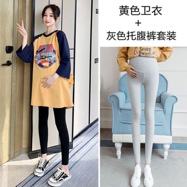 Pregnant Womens Spring and Autumn Top Korean Fashionable Moms Dress Set Pregnant Womens T-shirt Long Sleeve Loose Midi Spring Dress835 yellow top + gray pants [suit] 835 yellow top + gray pants [suit]