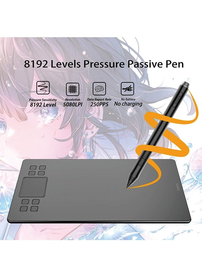 Veikk - Drawing Tablet VEIKK A50 Graphics Pen Tablet 10x6 inch Active Area,with Smart Gesture Touch and 8 Express Keys,8192 Levels Battery Free Pen,Support Tilt Function Work for MAC Wins and Android/Linux - Image 1
