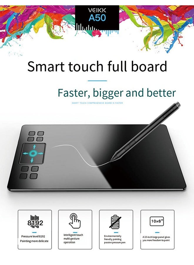 Veikk - Drawing Tablet VEIKK A50 Graphics Pen Tablet 10x6 inch Active Area,with Smart Gesture Touch and 8 Express Keys,8192 Levels Battery Free Pen,Support Tilt Function Work for MAC Wins and Android/Linux - Image 1