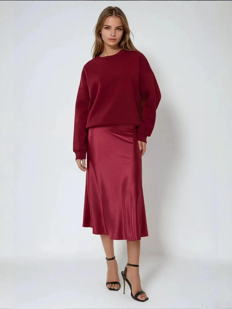 زوبعة تنورة ميدي ساتان بخصر مرتفع