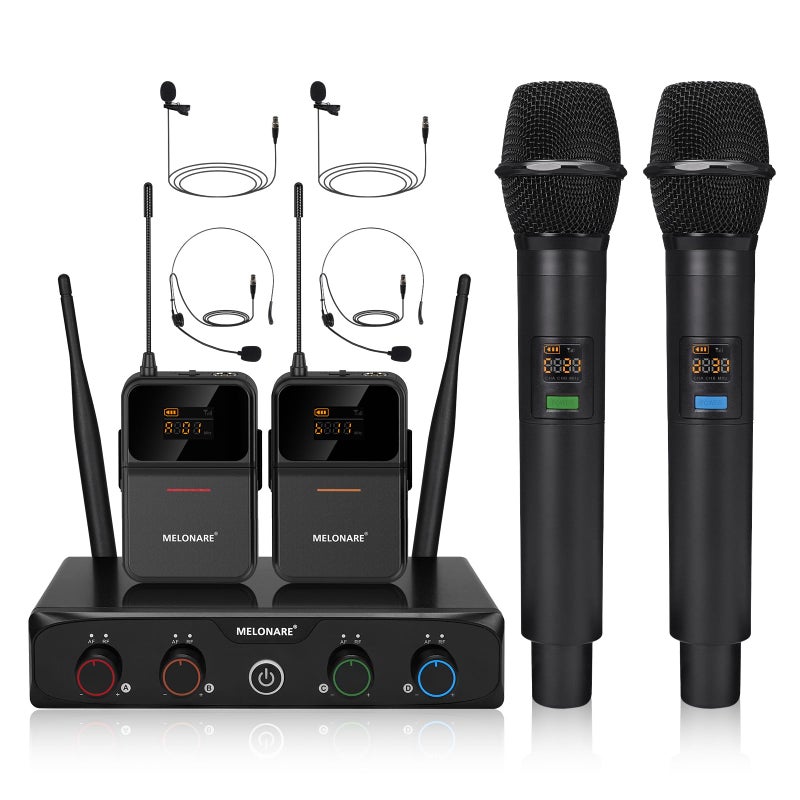 MELONARE 4-Channel Wireless Microphone System,UHF Cordless Mic Set w/ 4x10 Frequencies, 200ft, 2 Handheld Dynamic Mics, 2 Bodypacks & Headset/Lapel Microphones for Singing, Karaoke, DJ (MWM-41-2H2B) - Image 1