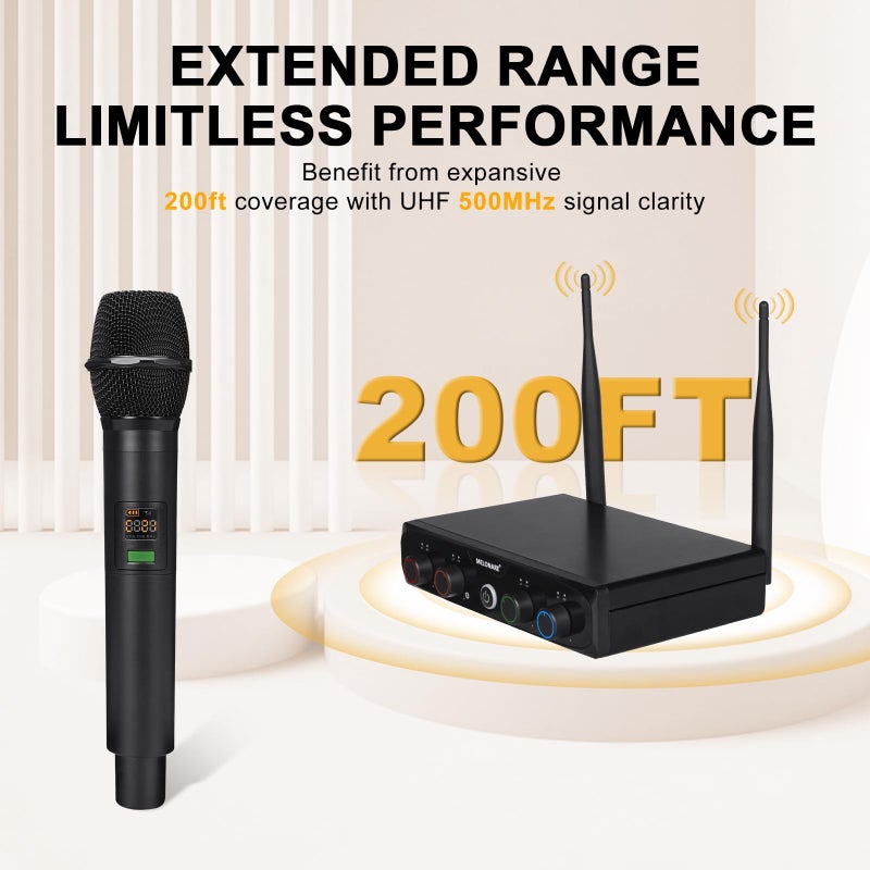 MELONARE 4-Channel Wireless Microphone System,UHF Cordless Mic Set w/ 4x10 Frequencies, 200ft, 2 Handheld Dynamic Mics, 2 Bodypacks & Headset/Lapel Microphones for Singing, Karaoke, DJ (MWM-41-2H2B) - Image 3