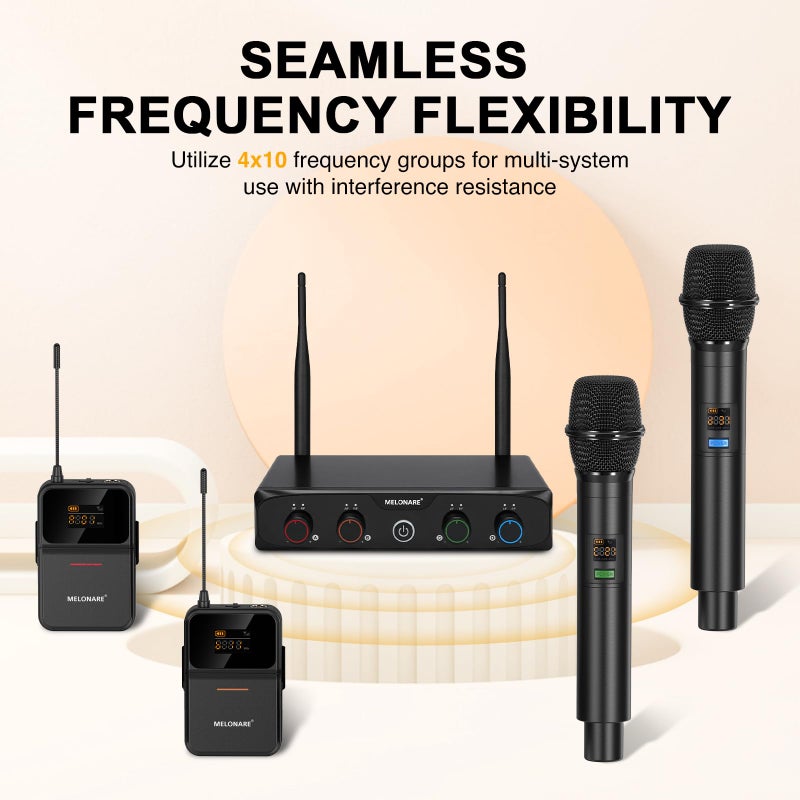MELONARE 4-Channel Wireless Microphone System,UHF Cordless Mic Set w/ 4x10 Frequencies, 200ft, 2 Handheld Dynamic Mics, 2 Bodypacks & Headset/Lapel Microphones for Singing, Karaoke, DJ (MWM-41-2H2B) - Image 4