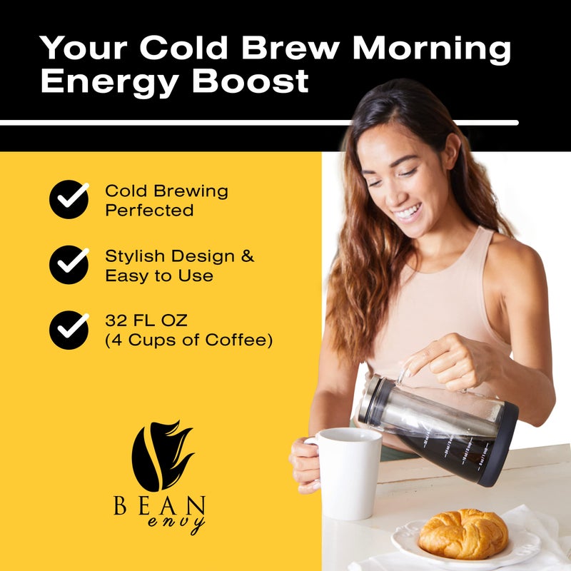 Bean Envy Cold Brew Coffee Maker - 32 oz Glass Coffee Cold Brew Maker and Pitcher w/Silicone Cap & Base - Image 2