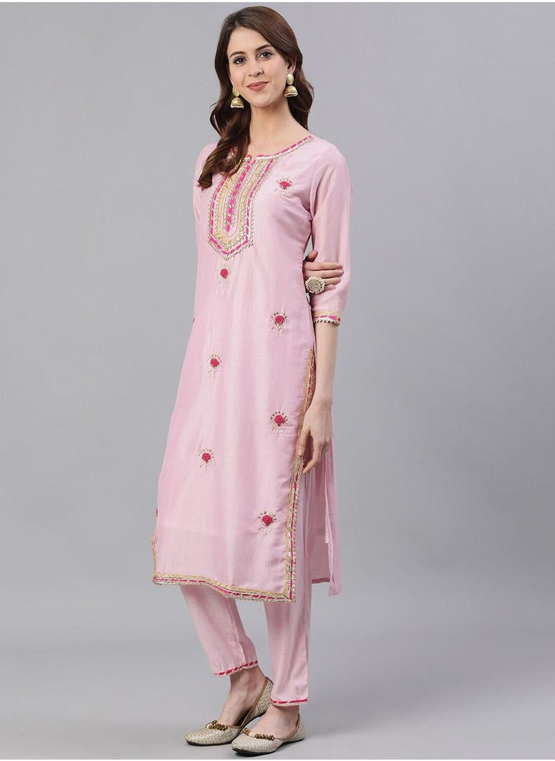 ISHIN - Women's Pink Rayon Embroidered Tunic Full Length Casual Straight Fit Kurta Set - Image 1