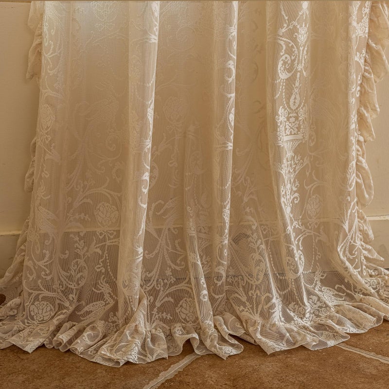 TUDECO Beige Lace Curtains for Bedroom - Floral Sheer Boho Crochet Curtains 63 Inch Length, Natural Ruffle Short Rod Pocket Light Filtering Window Treatment Grandma Core Decor, 59 x 63 Inch - Image 5
