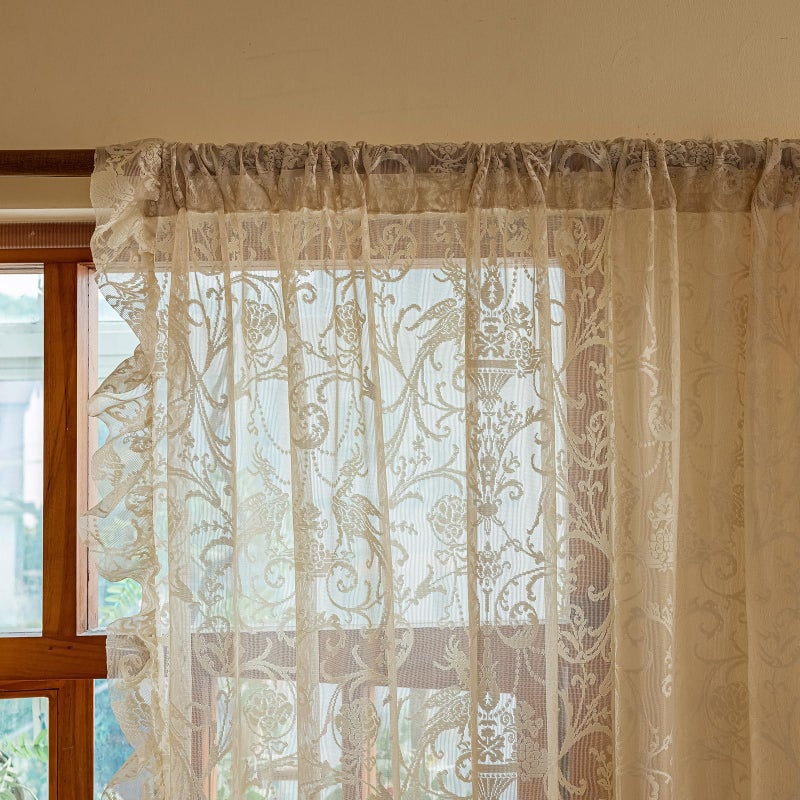 TUDECO Beige Lace Curtains for Bedroom - Floral Sheer Boho Crochet Curtains 63 Inch Length, Natural Ruffle Short Rod Pocket Light Filtering Window Treatment Grandma Core Decor, 59 x 63 Inch - Image 2