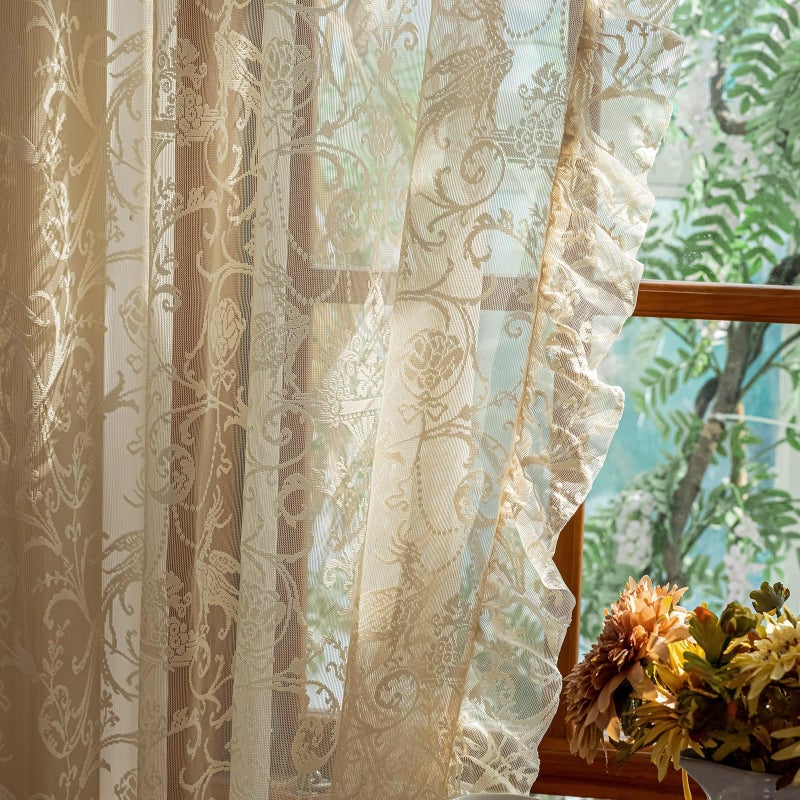 TUDECO Beige Lace Curtains for Bedroom - Floral Sheer Boho Crochet Curtains 63 Inch Length, Natural Ruffle Short Rod Pocket Light Filtering Window Treatment Grandma Core Decor, 59 x 63 Inch - Image 3