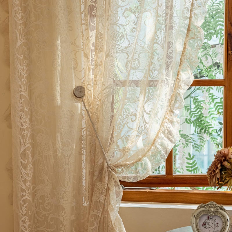 TUDECO Beige Lace Curtains for Bedroom - Floral Sheer Boho Crochet Curtains 63 Inch Length, Natural Ruffle Short Rod Pocket Light Filtering Window Treatment Grandma Core Decor, 59 x 63 Inch - Image 1