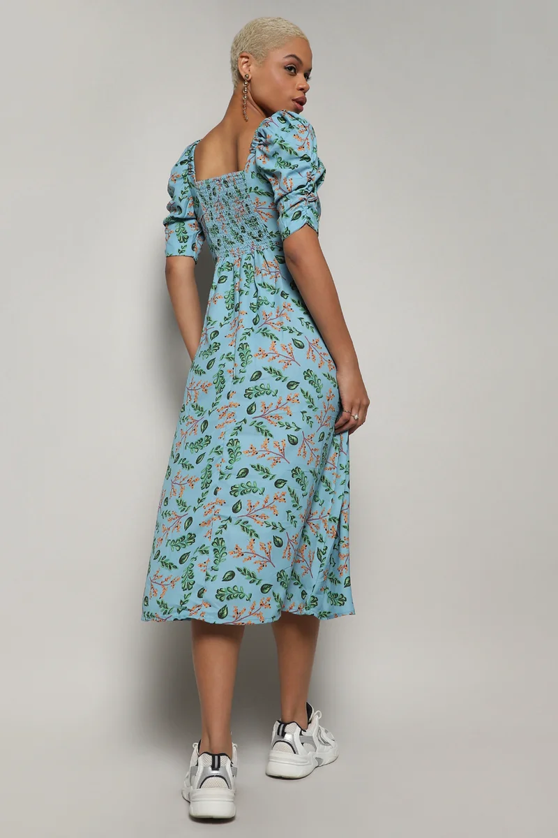 كامبوس سوترا Women's Blue Botanical Print Dress With Slit