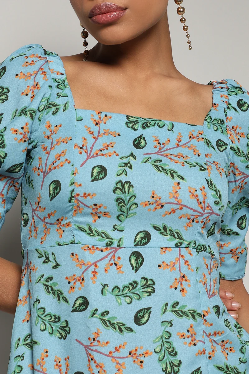 كامبوس سوترا Women's Blue Botanical Print Dress With Slit
