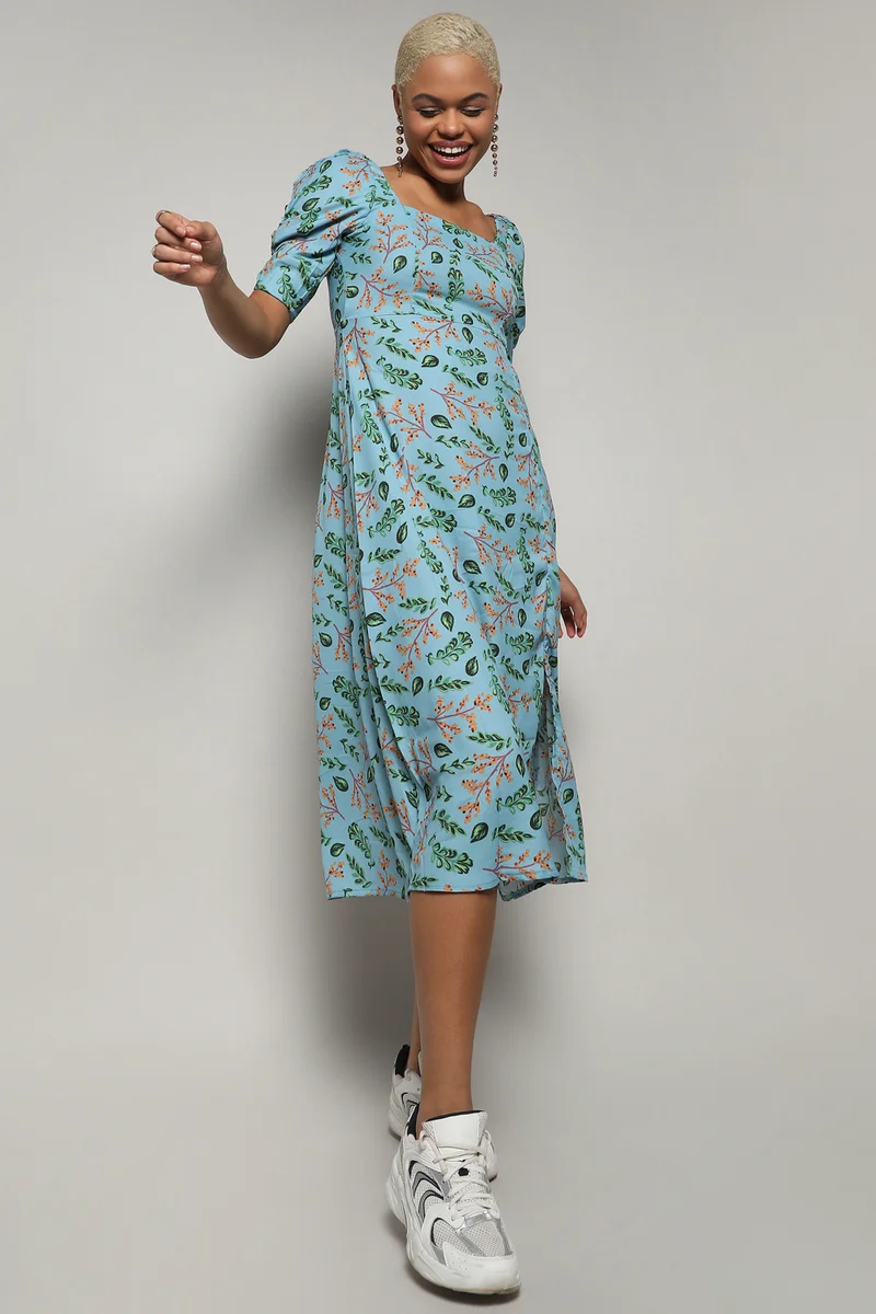 كامبوس سوترا Women's Blue Botanical Print Dress With Slit