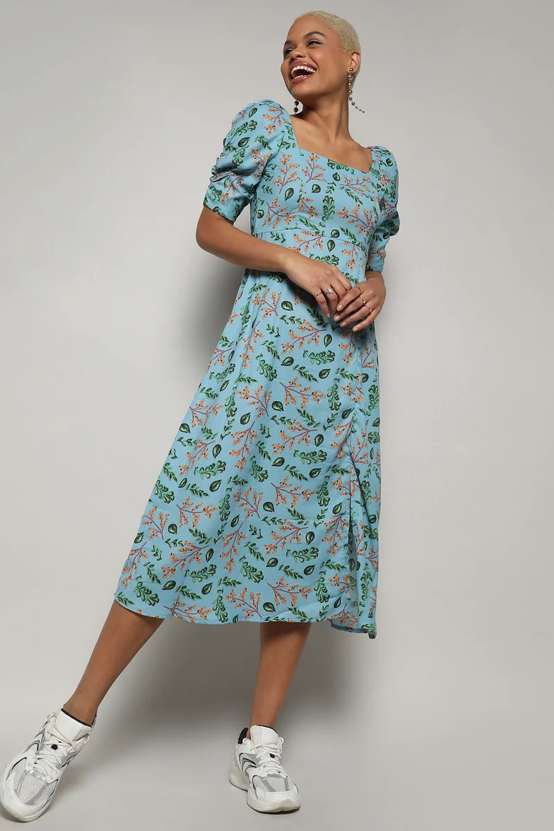كامبوس سوترا Women's Blue Botanical Print Dress With Slit