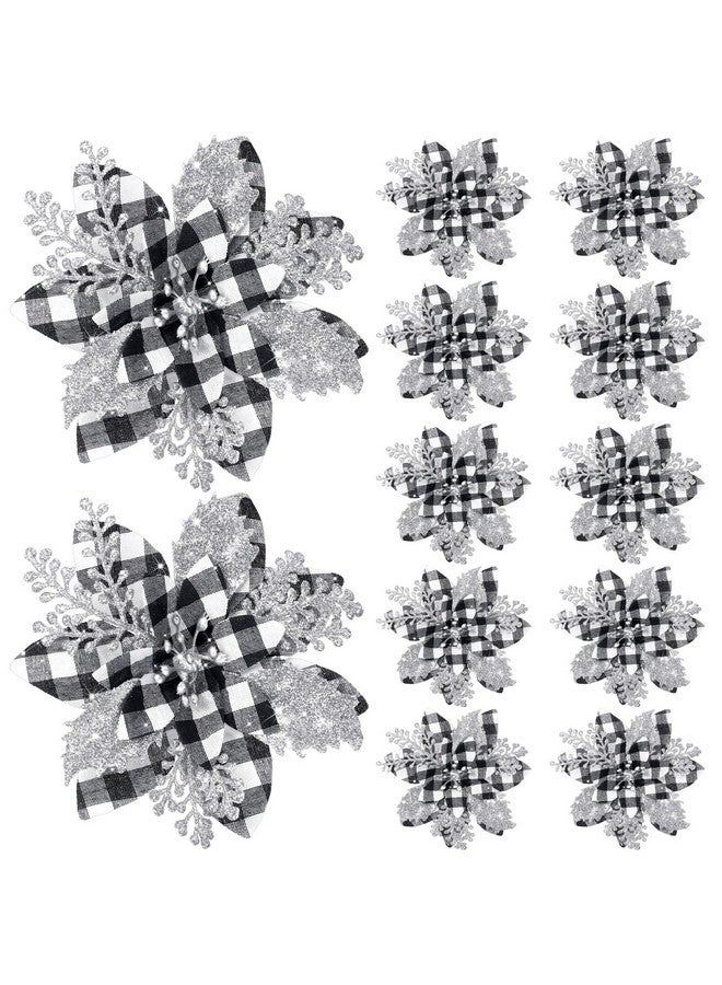 Canlierr 5.7 Inch Artificial Poinsettias Christmas Glitter Flowers With Clips Xmas Tree Flower Ornament Poinsettias Decor (Black And White Buffalo With Silver Petals,12 Pieces)  - Image 1