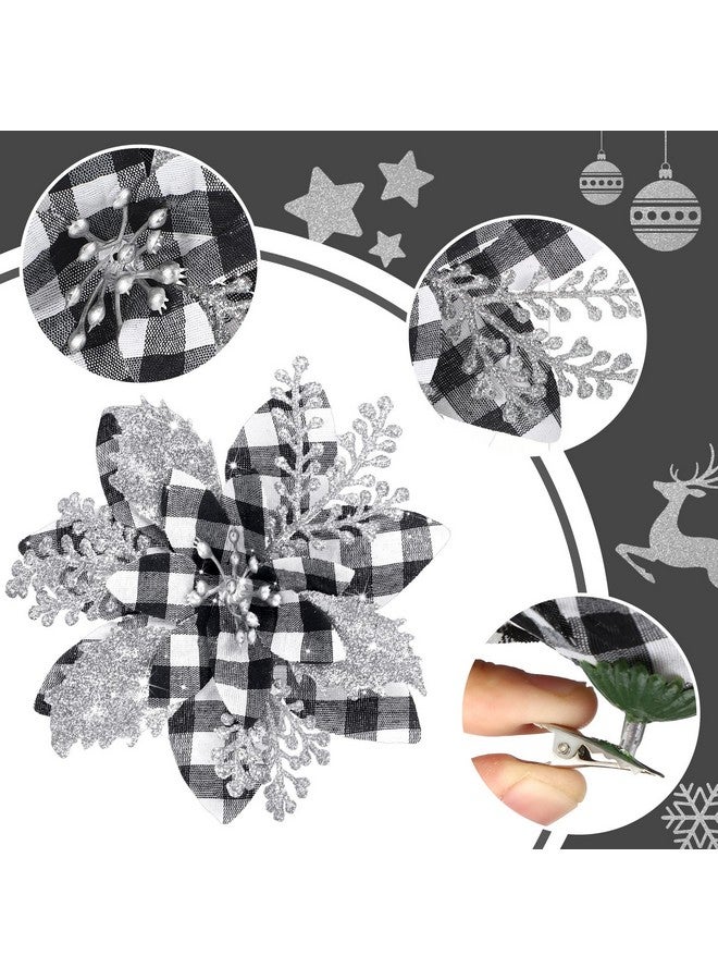 Canlierr 5.7 Inch Artificial Poinsettias Christmas Glitter Flowers With Clips Xmas Tree Flower Ornament Poinsettias Decor (Black And White Buffalo With Silver Petals,12 Pieces)  - Image 2